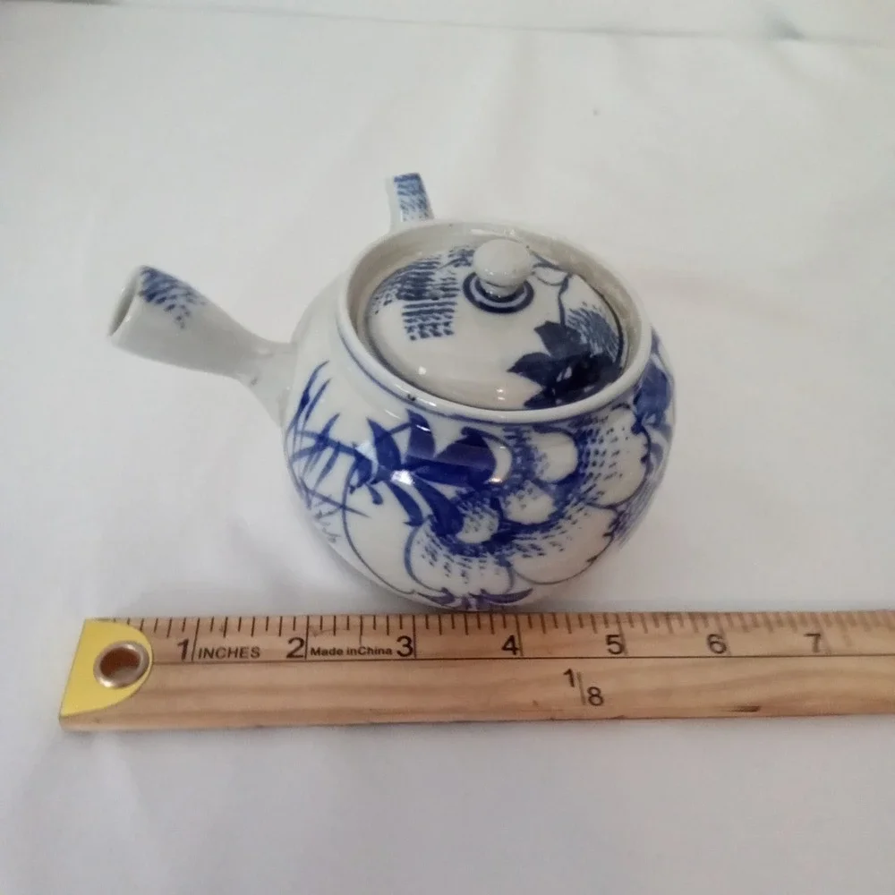 Japanese Kyusu Side Handle Teapot Blue White Floral Bamboo Ceramic Tea Pot 3.5in